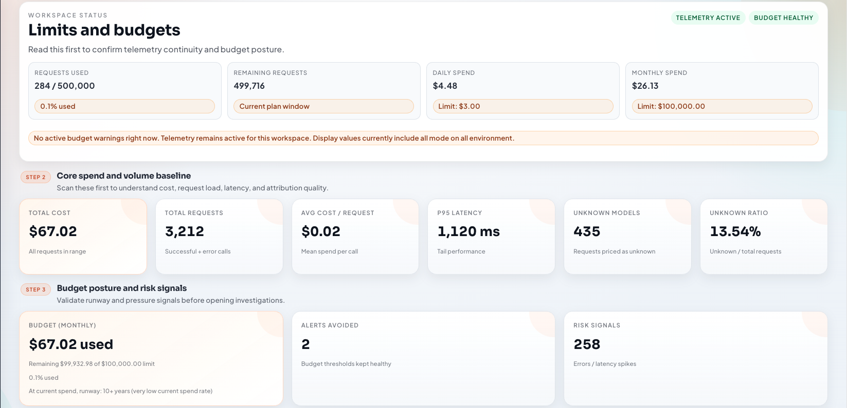 Opsmeter.io dashboard preview with endpoint attribution and budget posture.